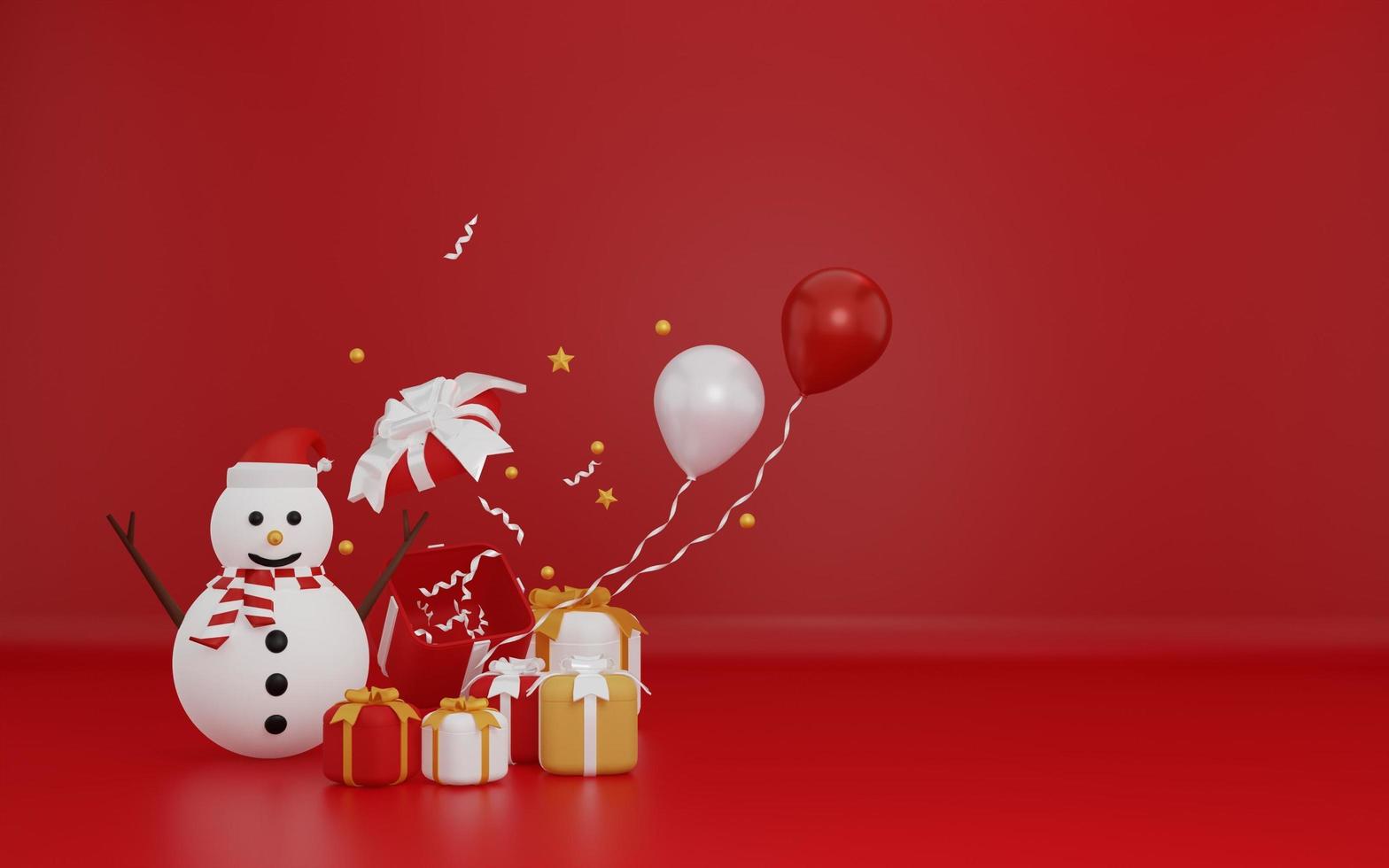 3d feliz navidad sobre fondo rojo con muñeco de nieve foto