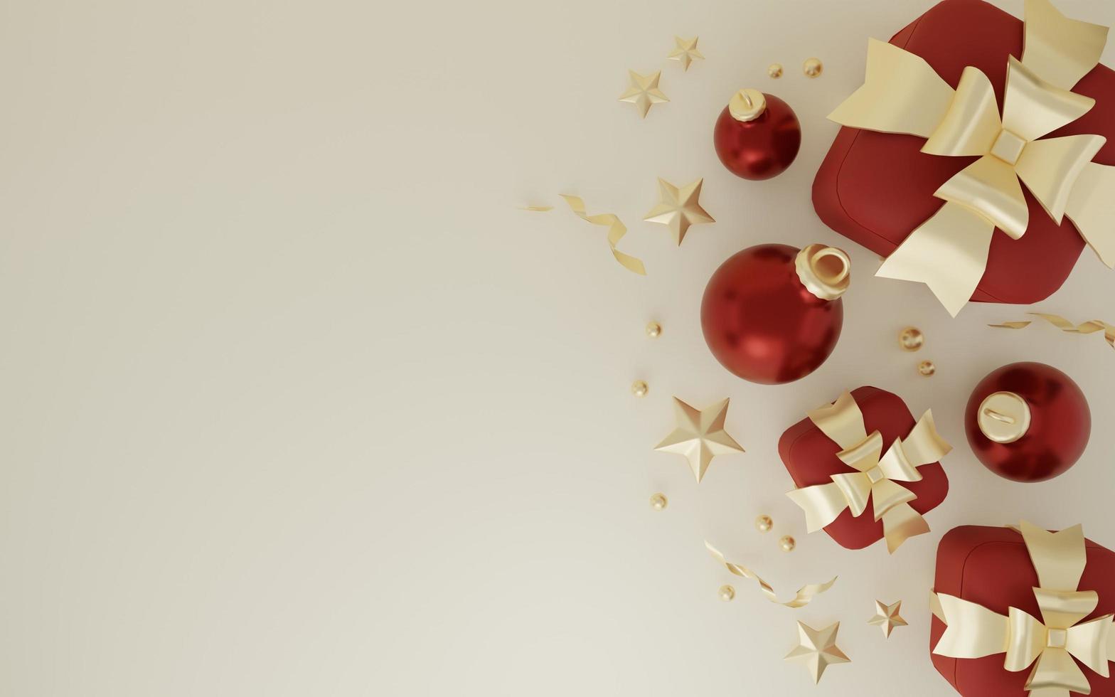 Representación 3d de feliz navidad dorado y rojo con caja de regalo y adorno foto
