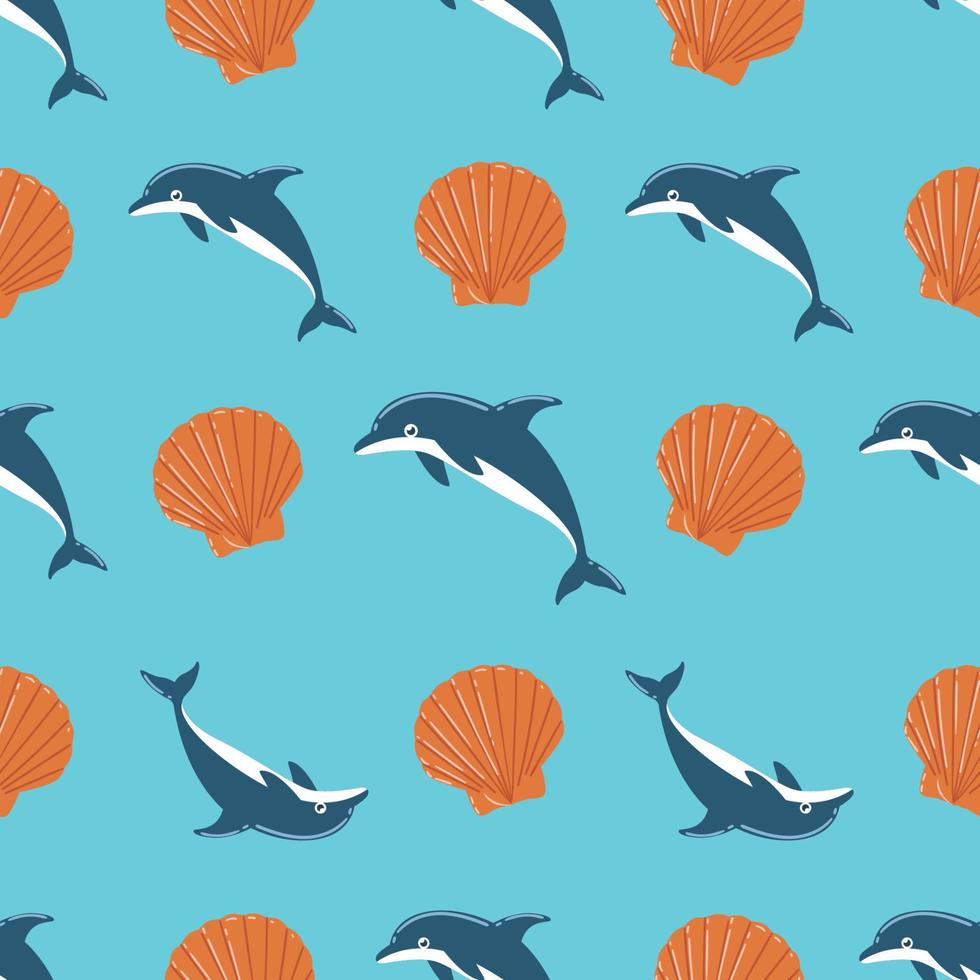 Dolphin and Seashell Seamless Pattern vector