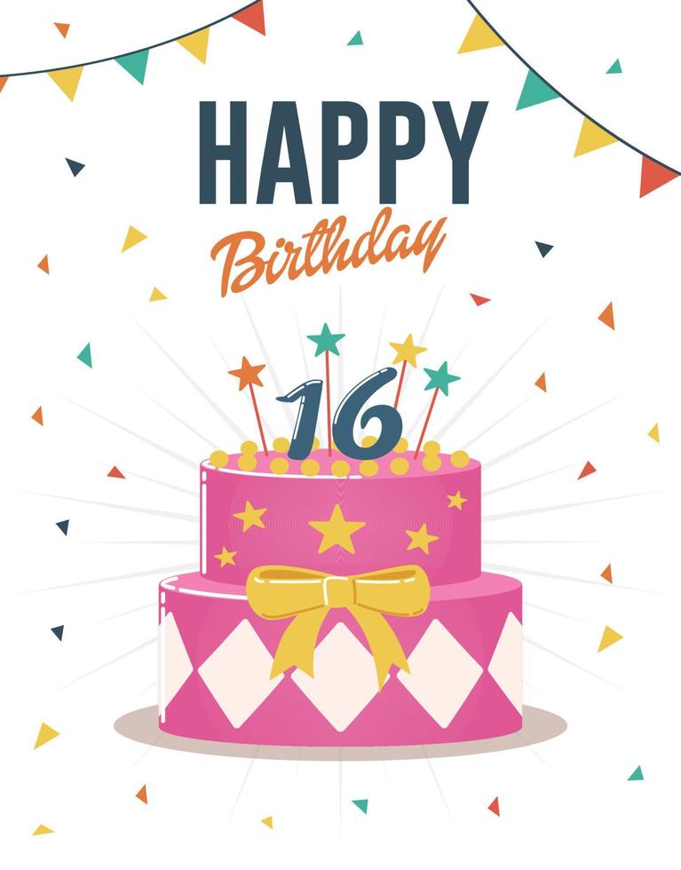 Cartel de felicitación e invitación de cumpleaños con ilustración de pastel de cumpleaños dulce 16 vector