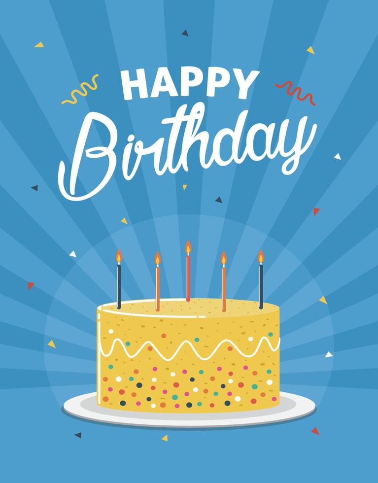Birthday greeting and invitation poster with yellow birthday cake illustration vector