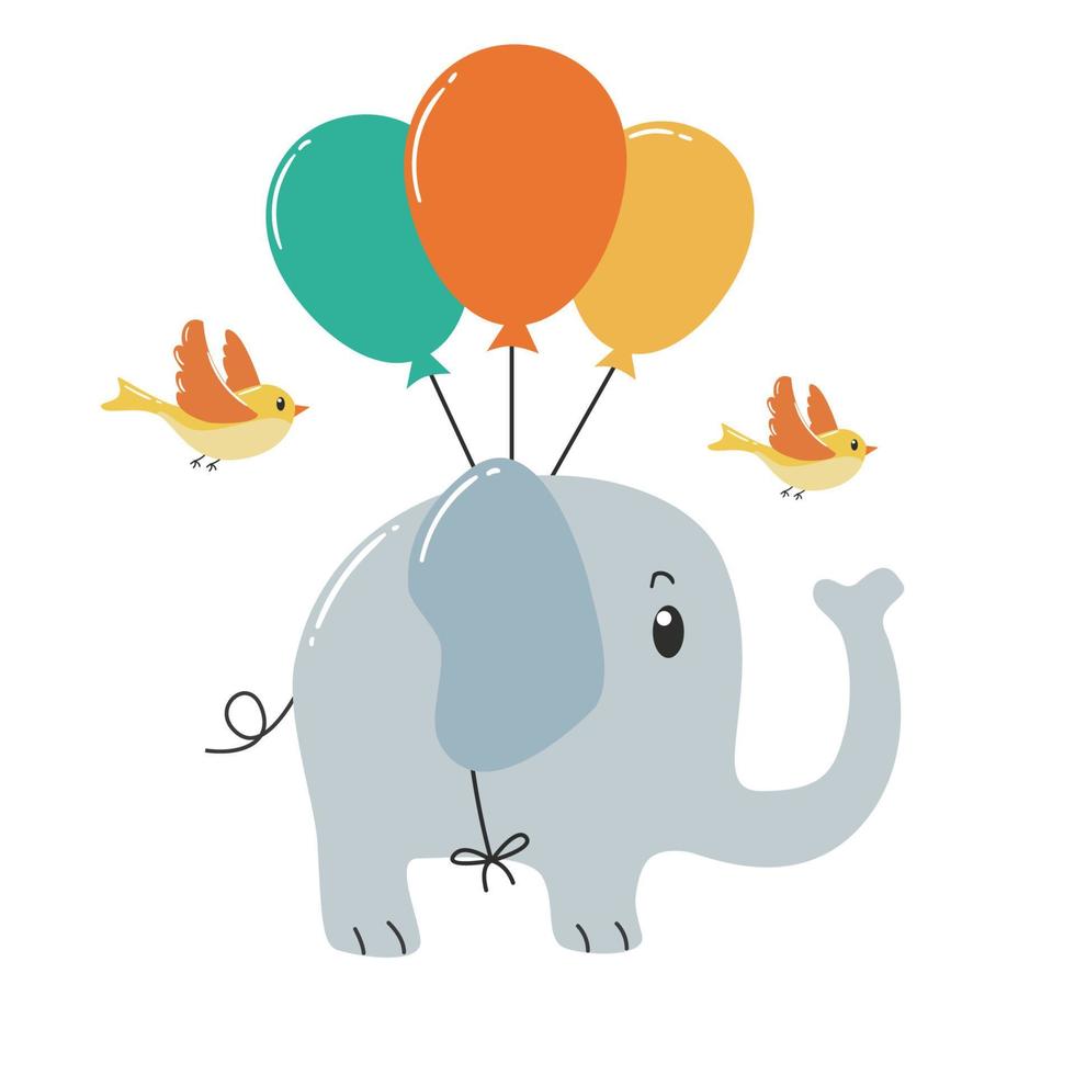 Cute elephant flying with balloons and birds vector