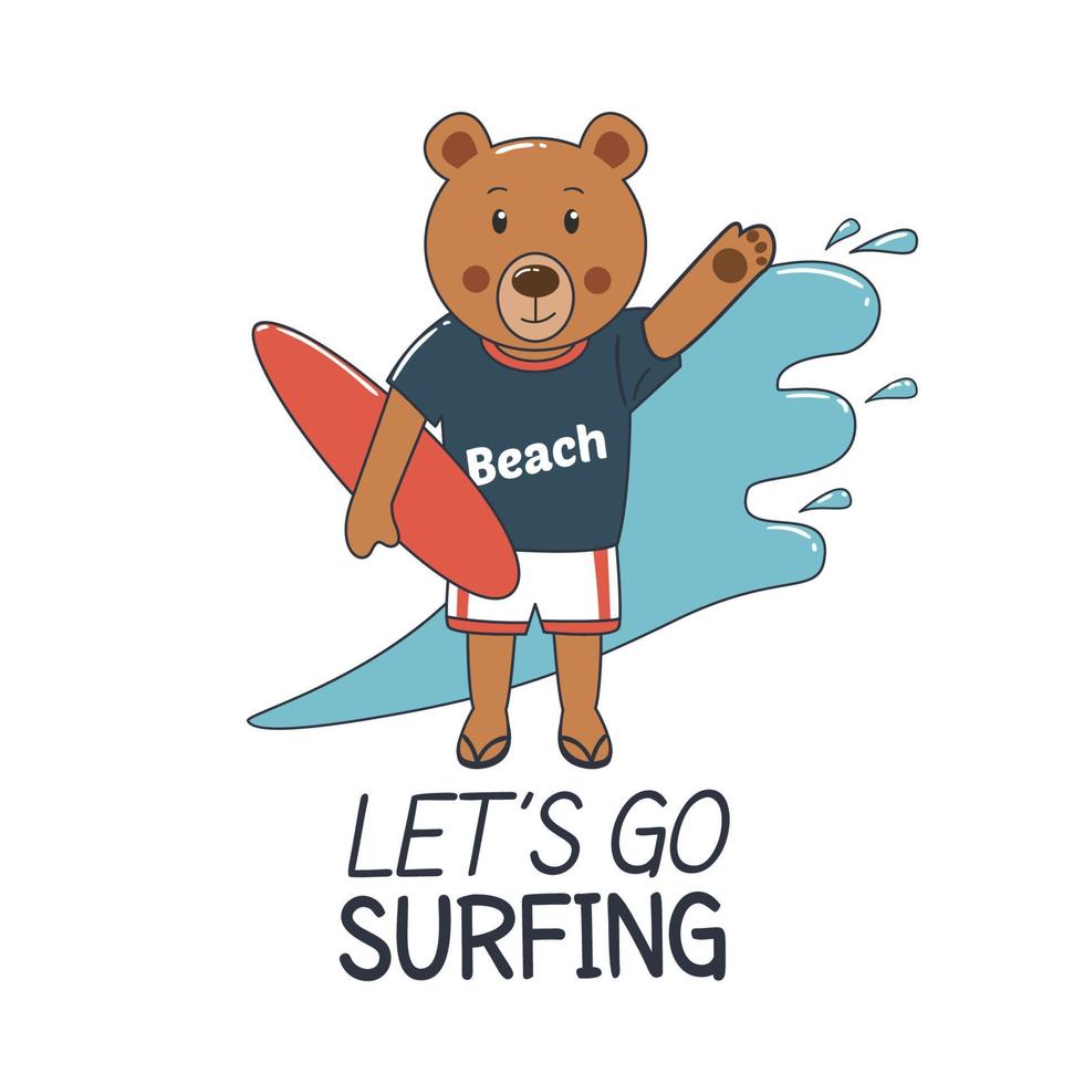 Surfer Bear with Surf Board and Waves vector