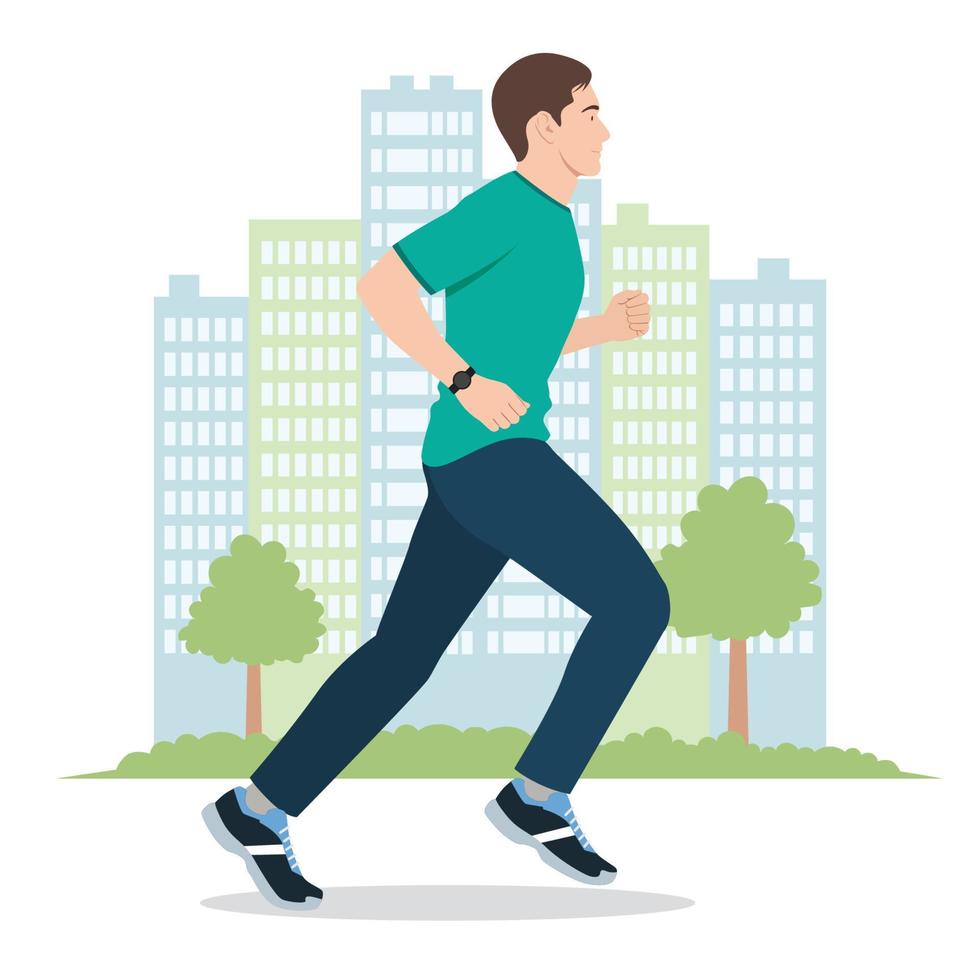 Side view of a man running with city building background vector