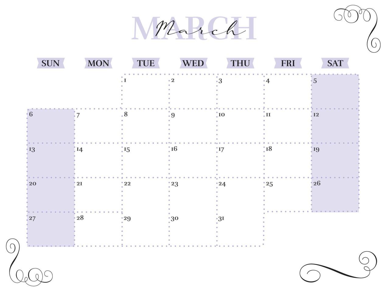 march elegant 2022 monthly calendar planner printable vector