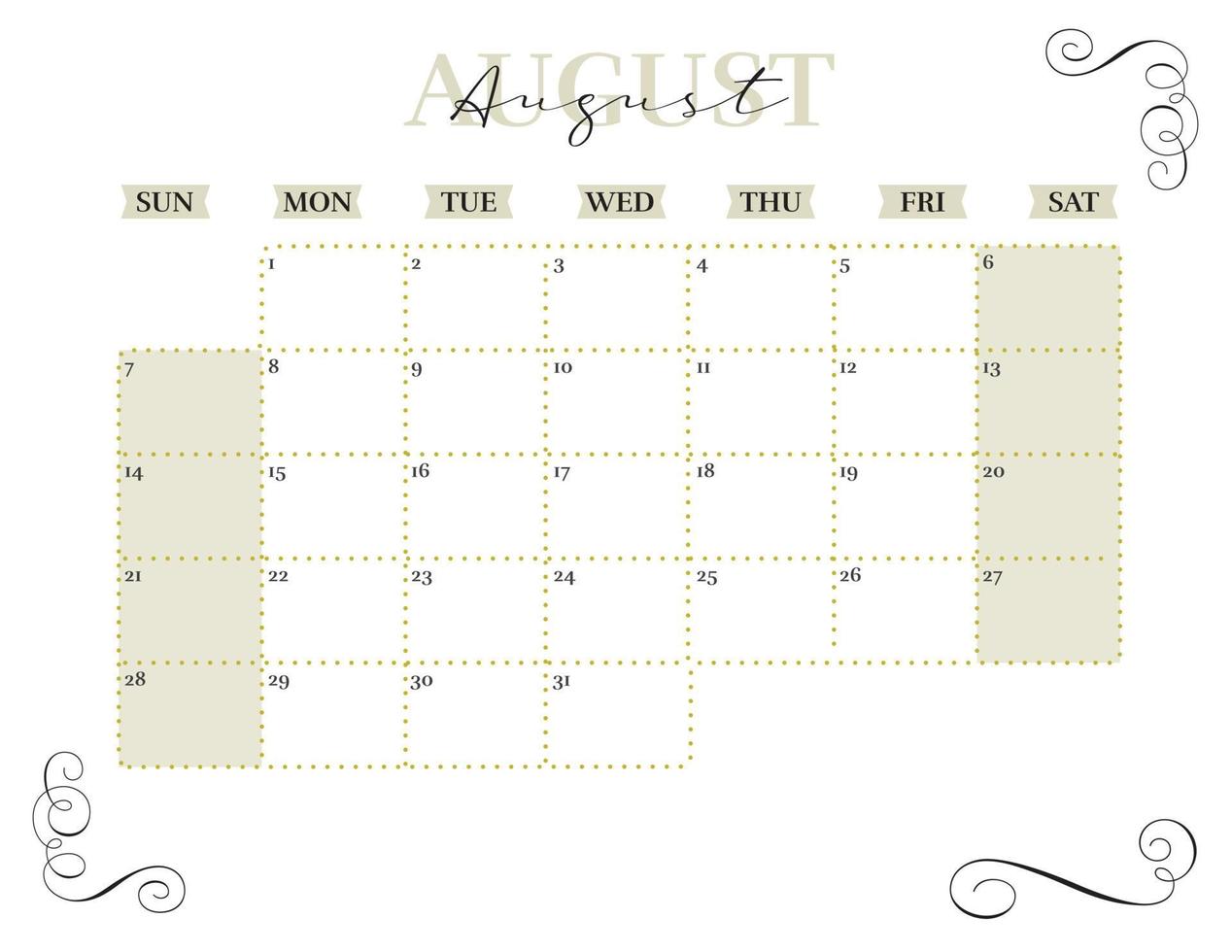 august elegant 2022 monthly calendar planner printable vector