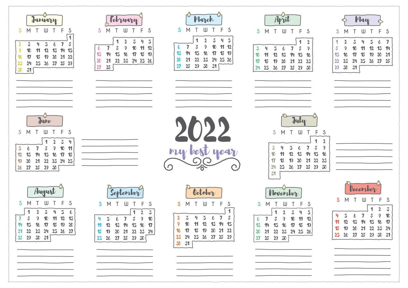 lindo planificador de calendario 2022 con letras manuscritas imprimible vector