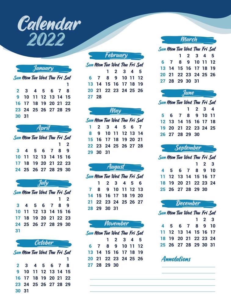 blue waves 2022 calendar planner printable vector