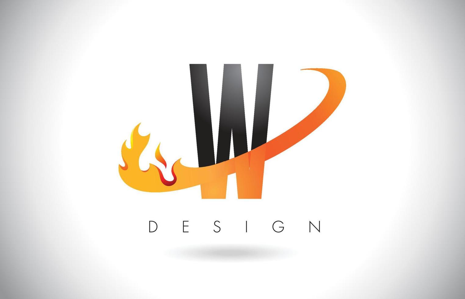 Logo de letra w con diseño de llamas de fuego y swoosh naranja. vector