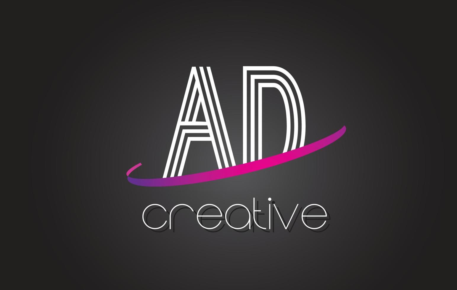 Logotipo de letra de anuncio ad con diseño de líneas y swoosh morado. vector