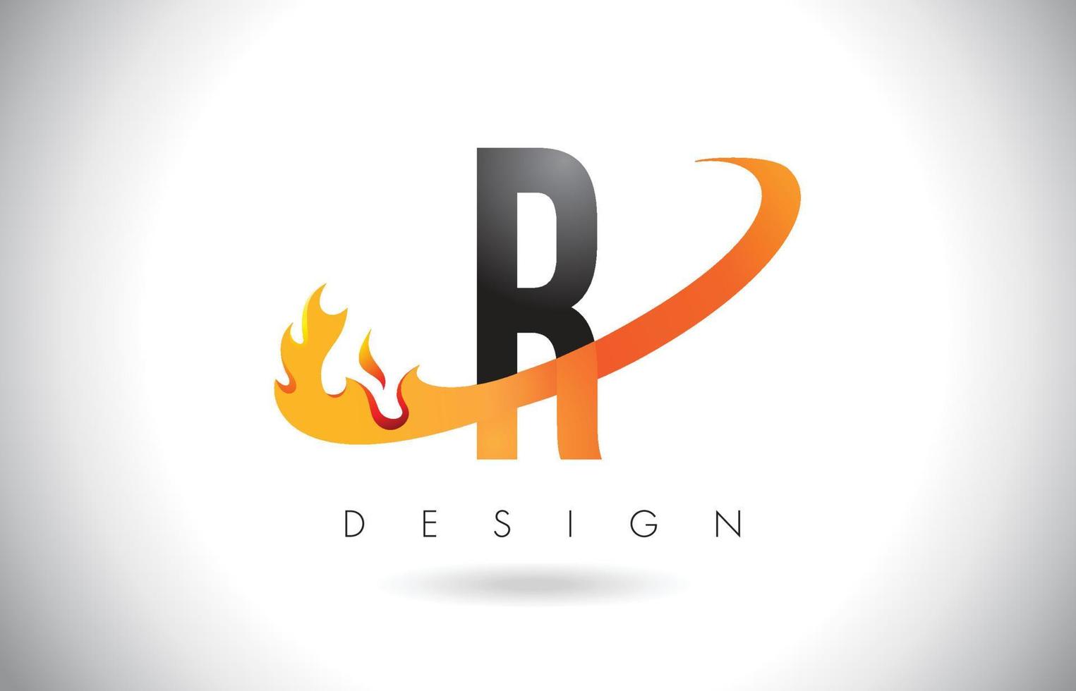 Logo de letra R con diseño de llamas de fuego y swoosh naranja. vector