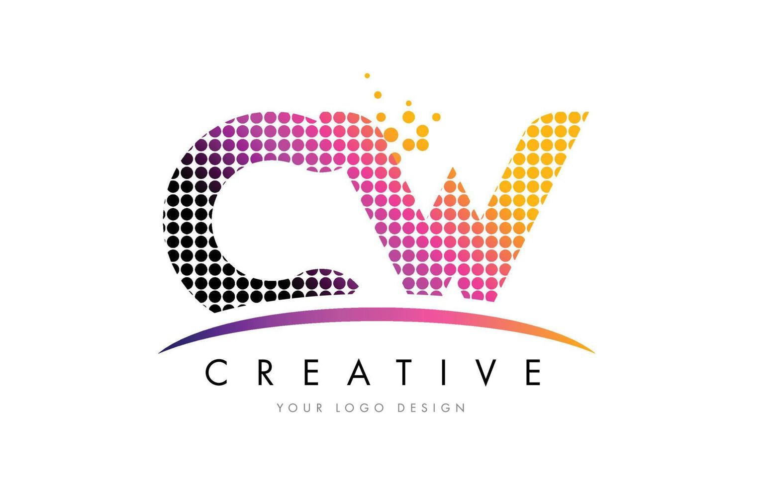 CW C W Letter Logo Design with Magenta Dots and Swoosh vector