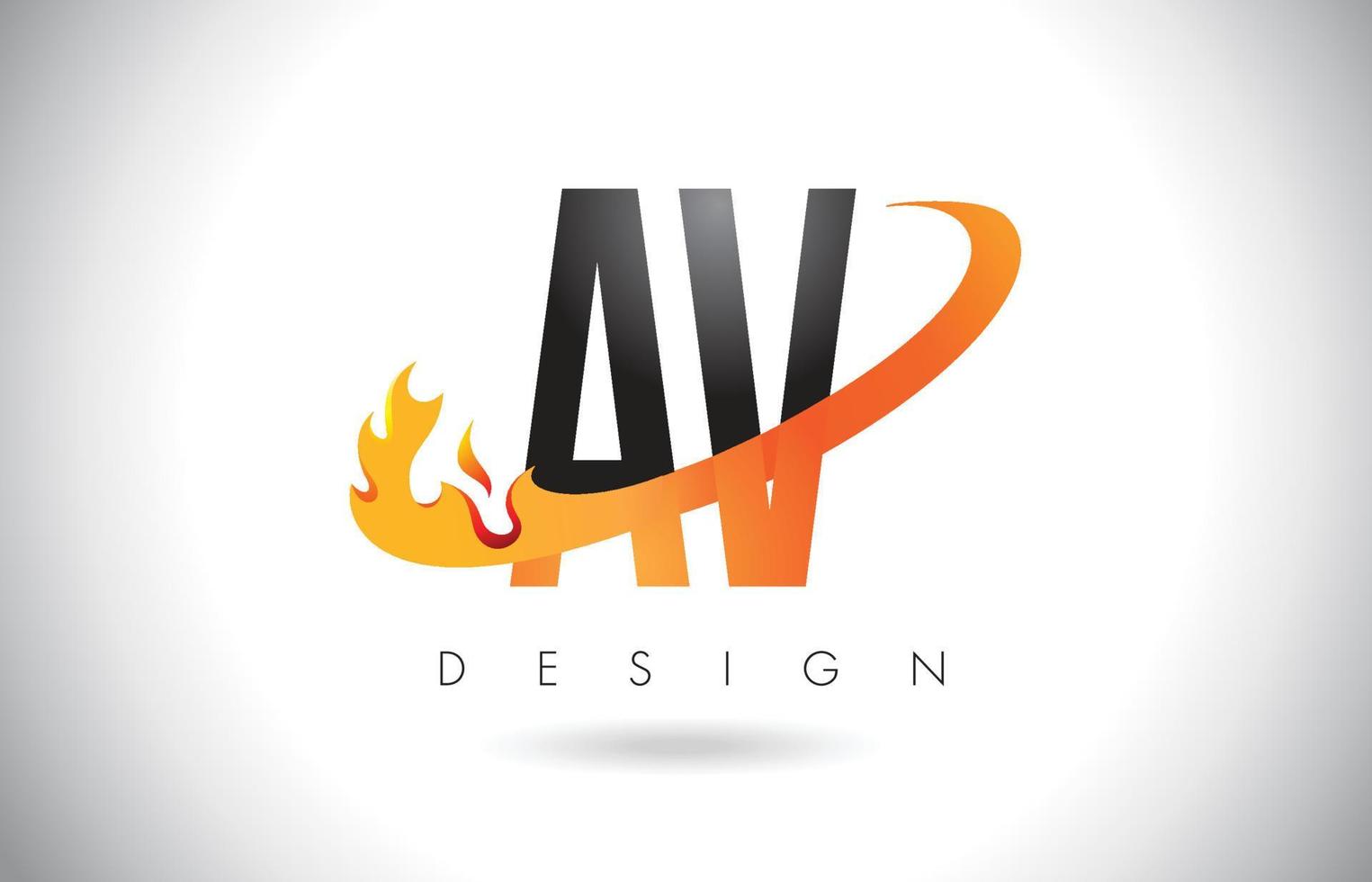 Logotipo de letra av av con diseño de llamas de fuego y swoosh naranja. vector