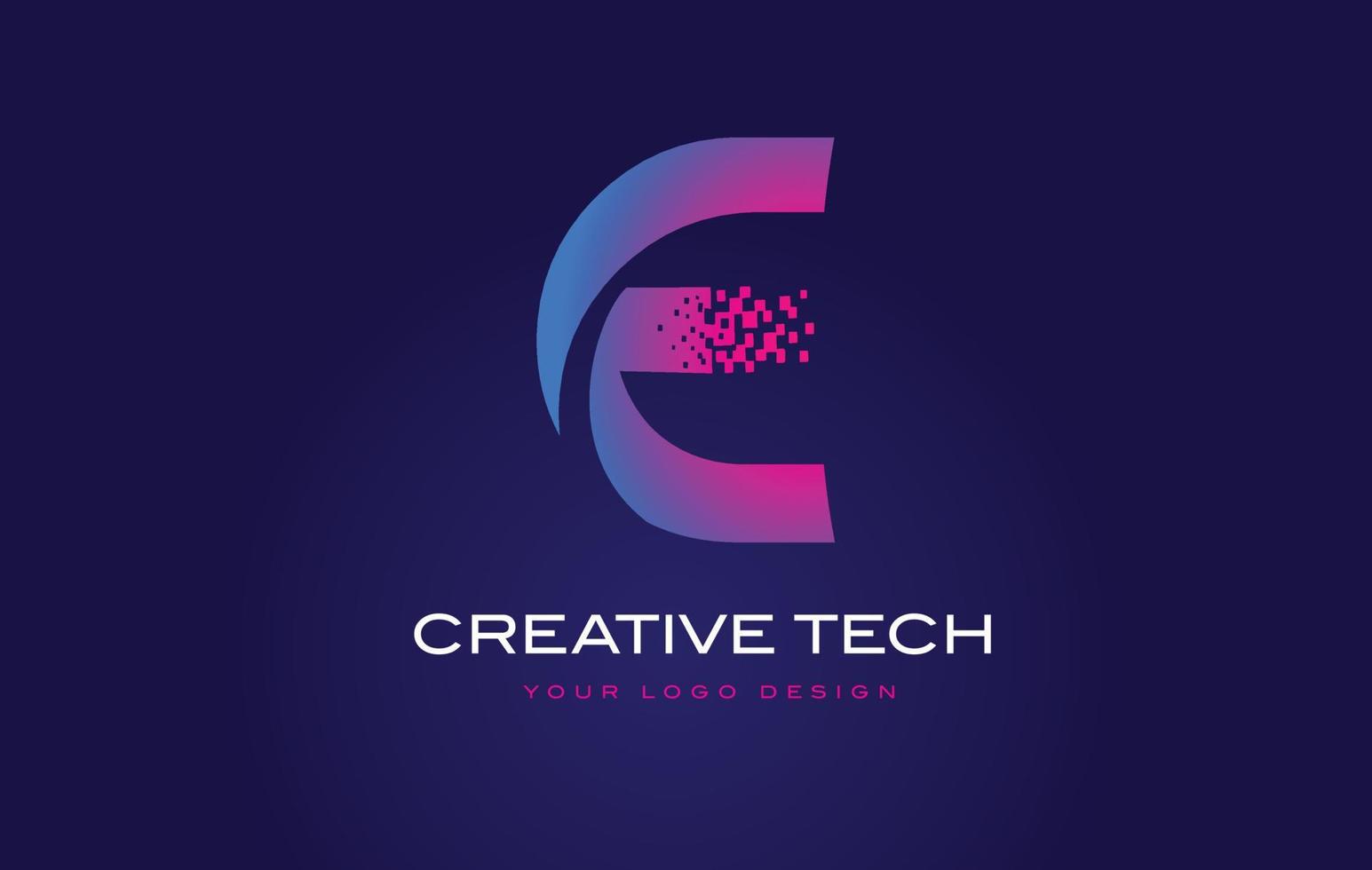 Diseño de logotipo de letra inicial e con píxeles digitales en colores azul violeta. vector
