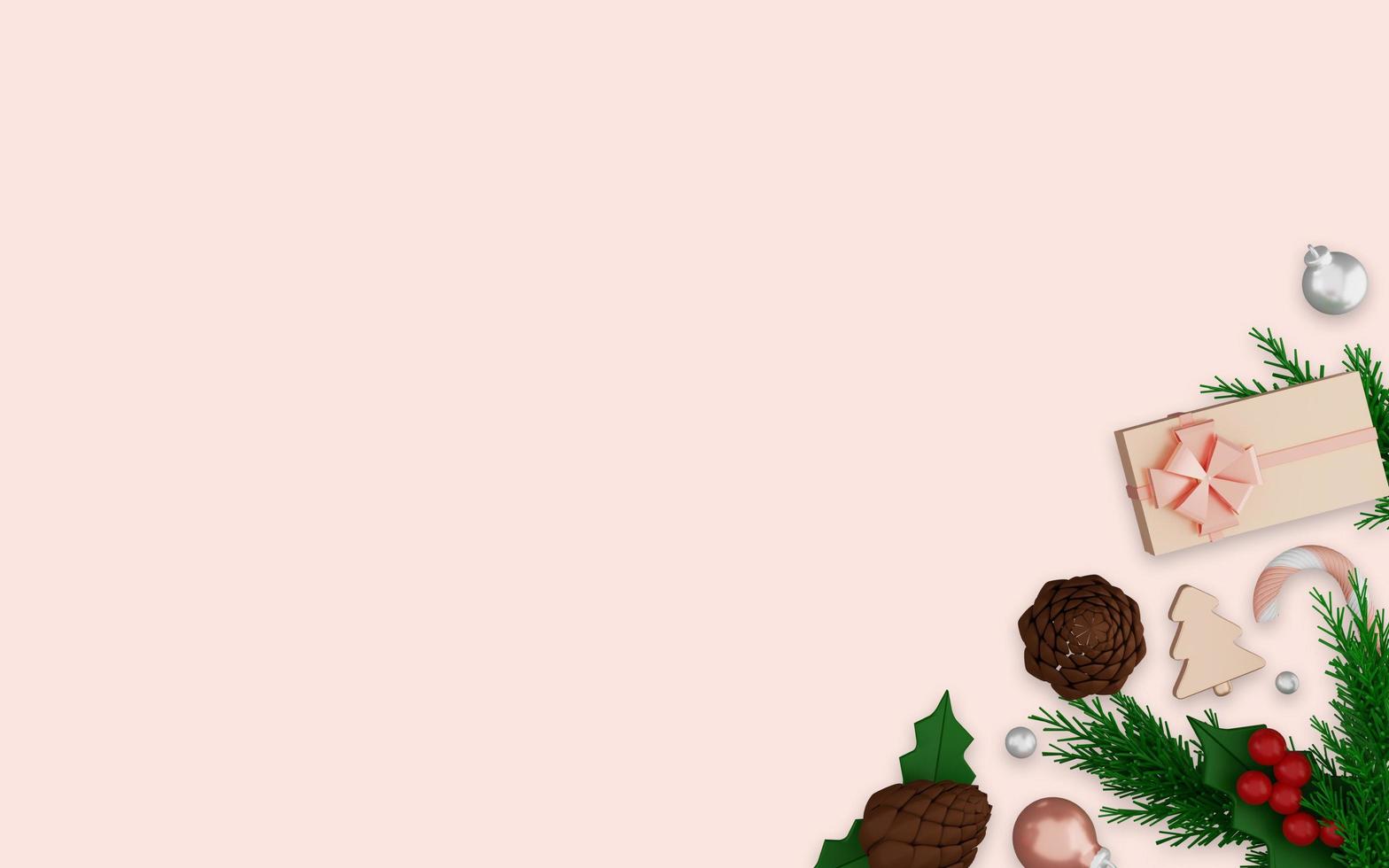 3d rendering of merry christmas ornaments on pink background photo