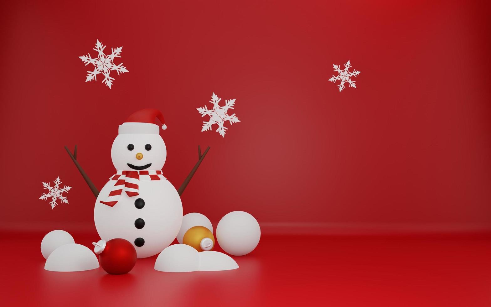 3d feliz navidad sobre fondo rojo con muñeco de nieve foto