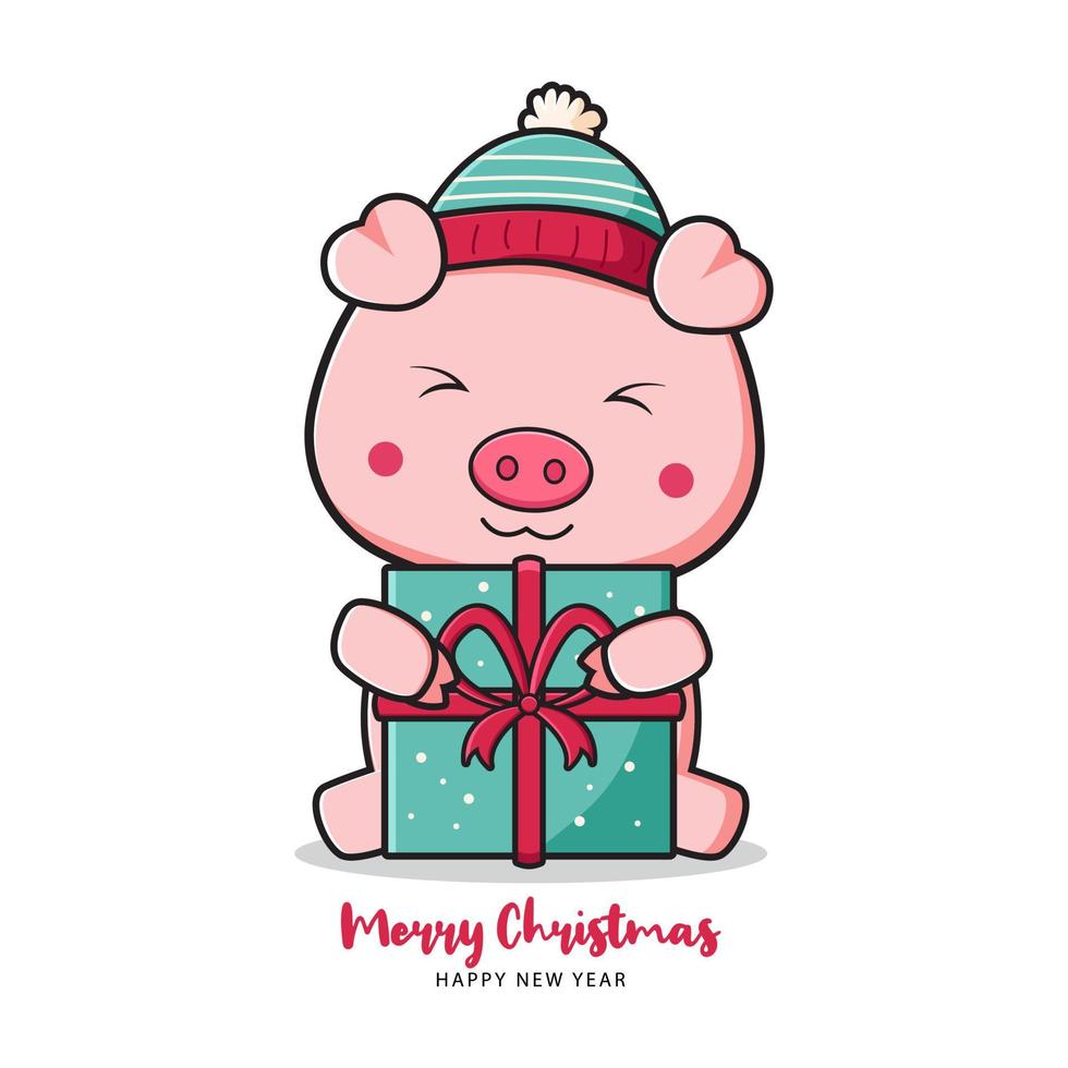 Cute pig holding gift greeting merry christmas and happy new year cartoon doodle card background illustration vector