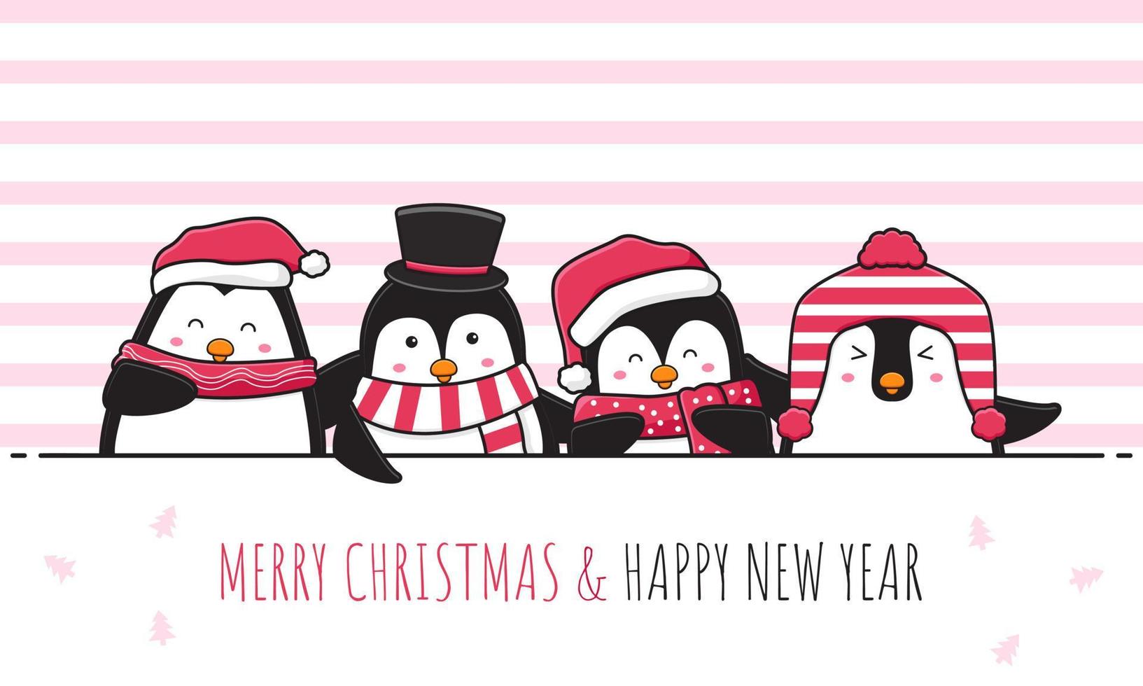 lindo pingüino y amigos saludando feliz navidad y feliz año nuevo dibujos animados doodle tarjeta ilustración de fondo vector