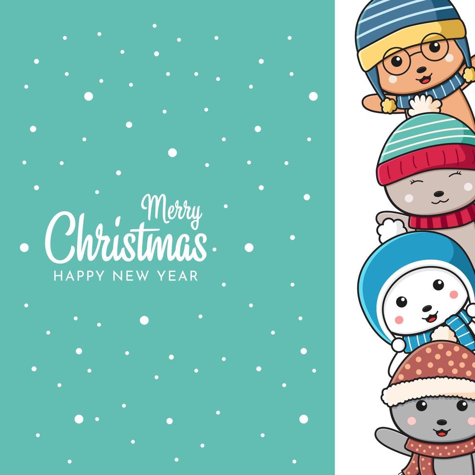 Cute rabbits greeting merry christmas and happy new year cartoon doodle card background illustration vector