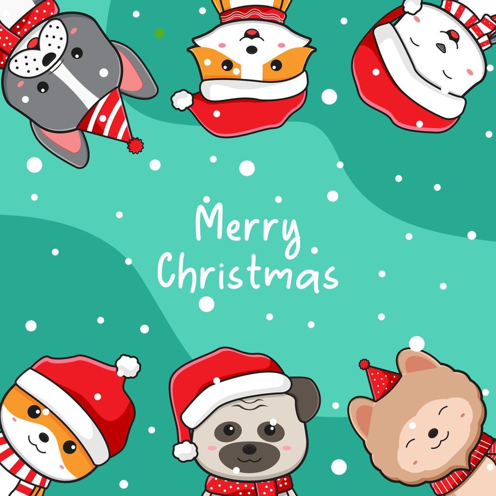 Cute dog and friends greeting merry christmas cartoon doodle card background illustration vector