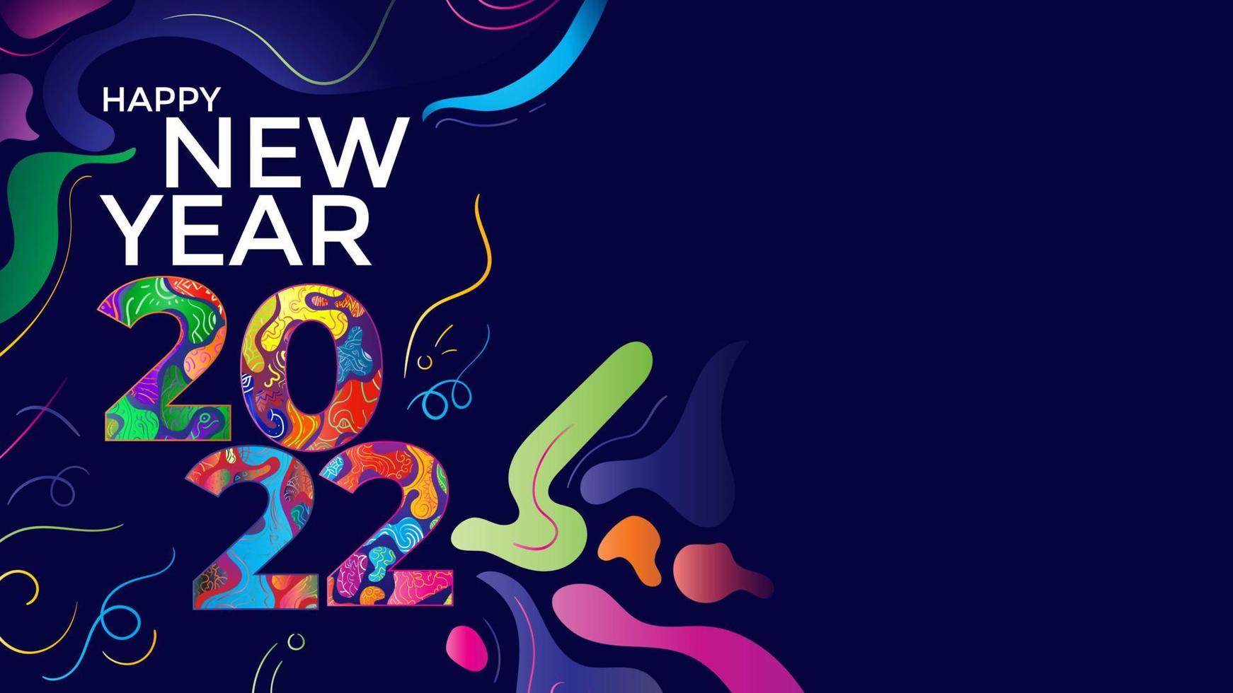 Happy new year 2022 doodle art background with copy space. Colorful fluid paint design. Trendy gradient shapes. Vector illustration.