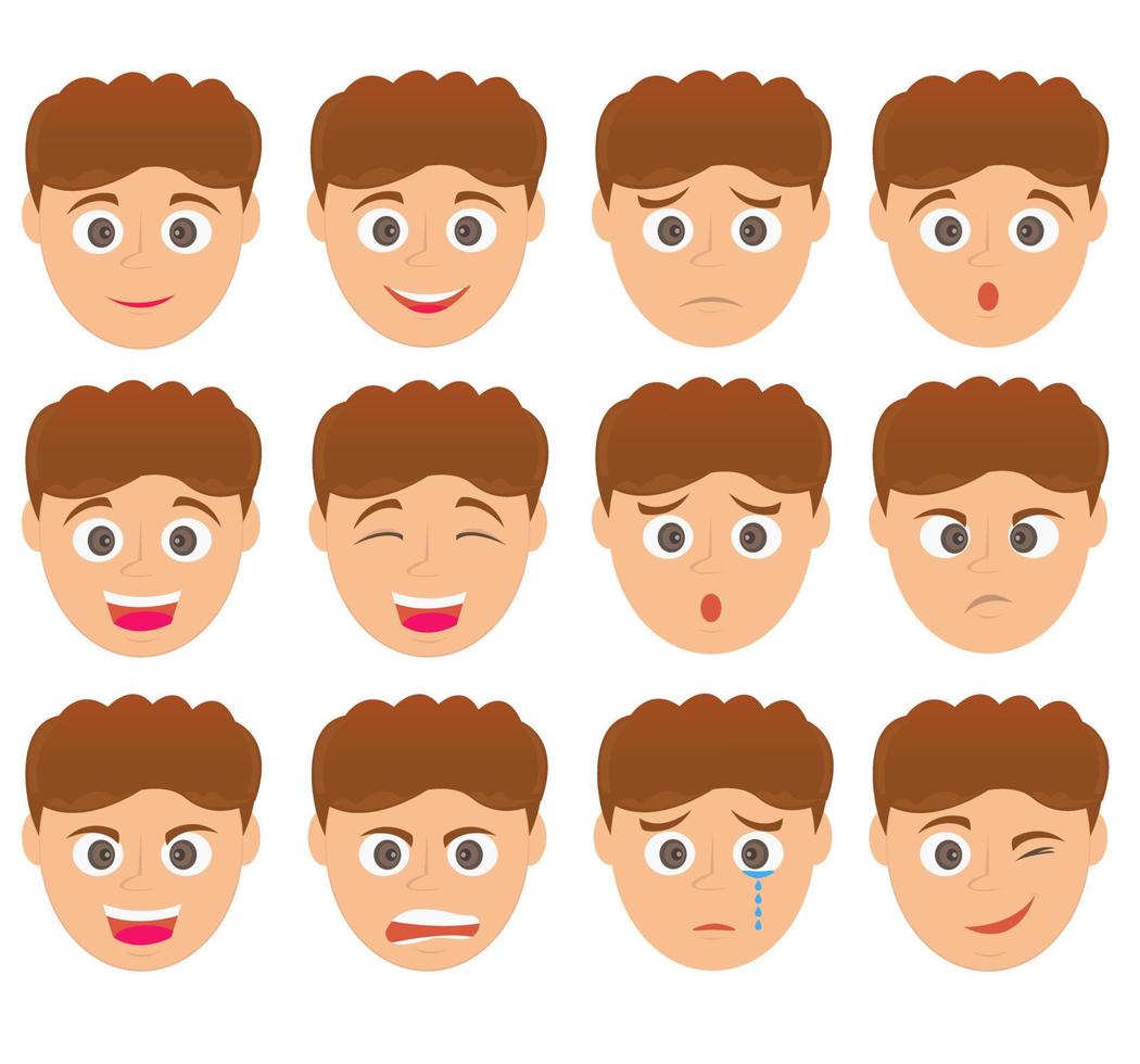 Boy with his expression and his emotions. 12 sets emoticon boy character. vector
