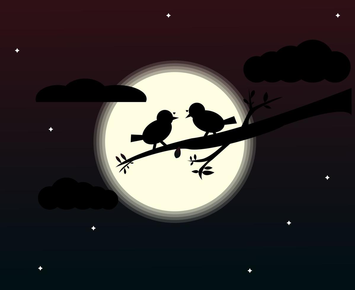 un par de pájaros, ilustración, diseño. un par de pájaros posados en la rama de un árbol a la luz de la luna vector