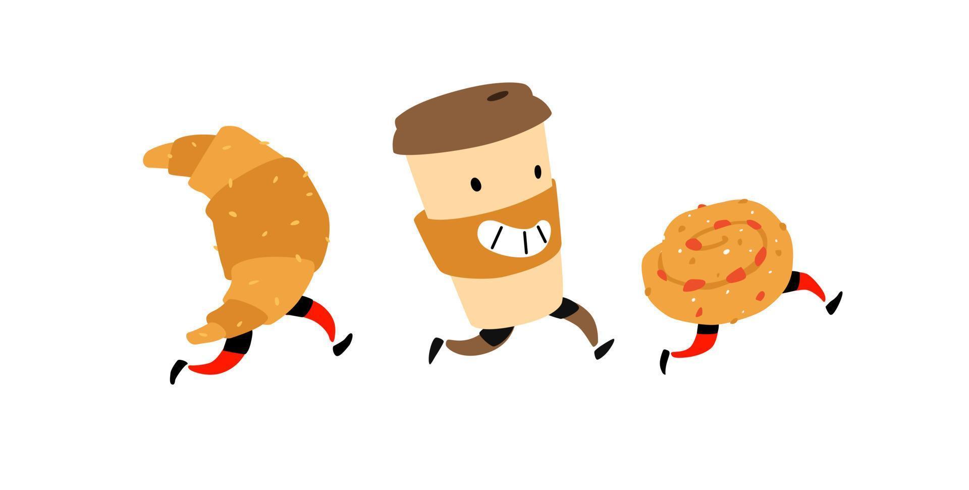 Ilustración de correr bocadillos. vector. personajes vaso de café, croissant, bollo. iconos para el sitio sobre un fondo blanco. cartel, logotipo para una tienda, confitería, cafetería o panadería. vector