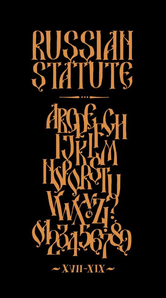 The alphabet of the Old Russian font. Vector. Latin letters inscription in English. Neo-Russian style 17-19 century. Style is arbitrary, drawing characters by hand. Gothic graffiti. vector