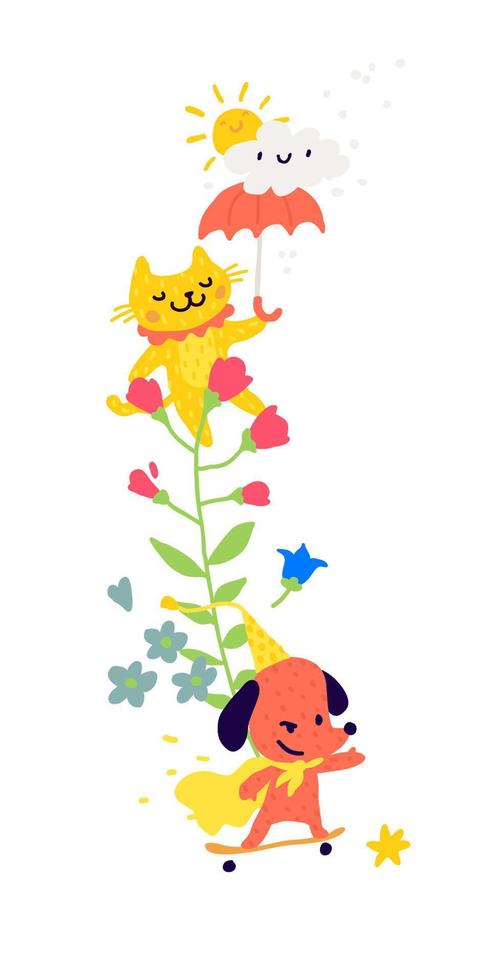 Ilustración de un gato con un paraguas y perros en una patineta. vector. animales entre las flores. dibujos animados para niños, estilo doodle. ilustración para jardín de infantes o club. Instituciones para niños. vector