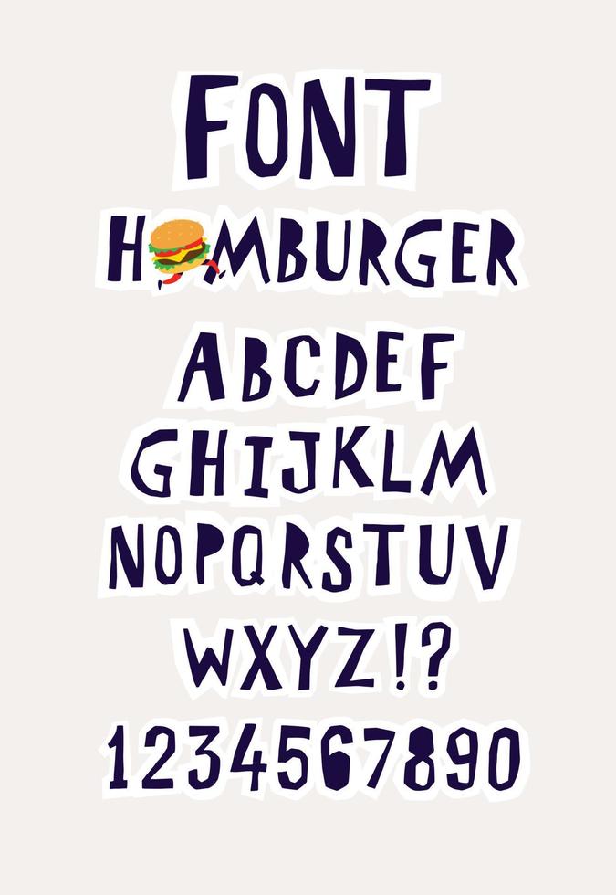 Font Hamburger. The alphabet for the inscriptions. A set of letters for texts. Vector. Each letter separately. Corporate font for fast food, menus, advertising. Chopped letters. Cartoon style. vector