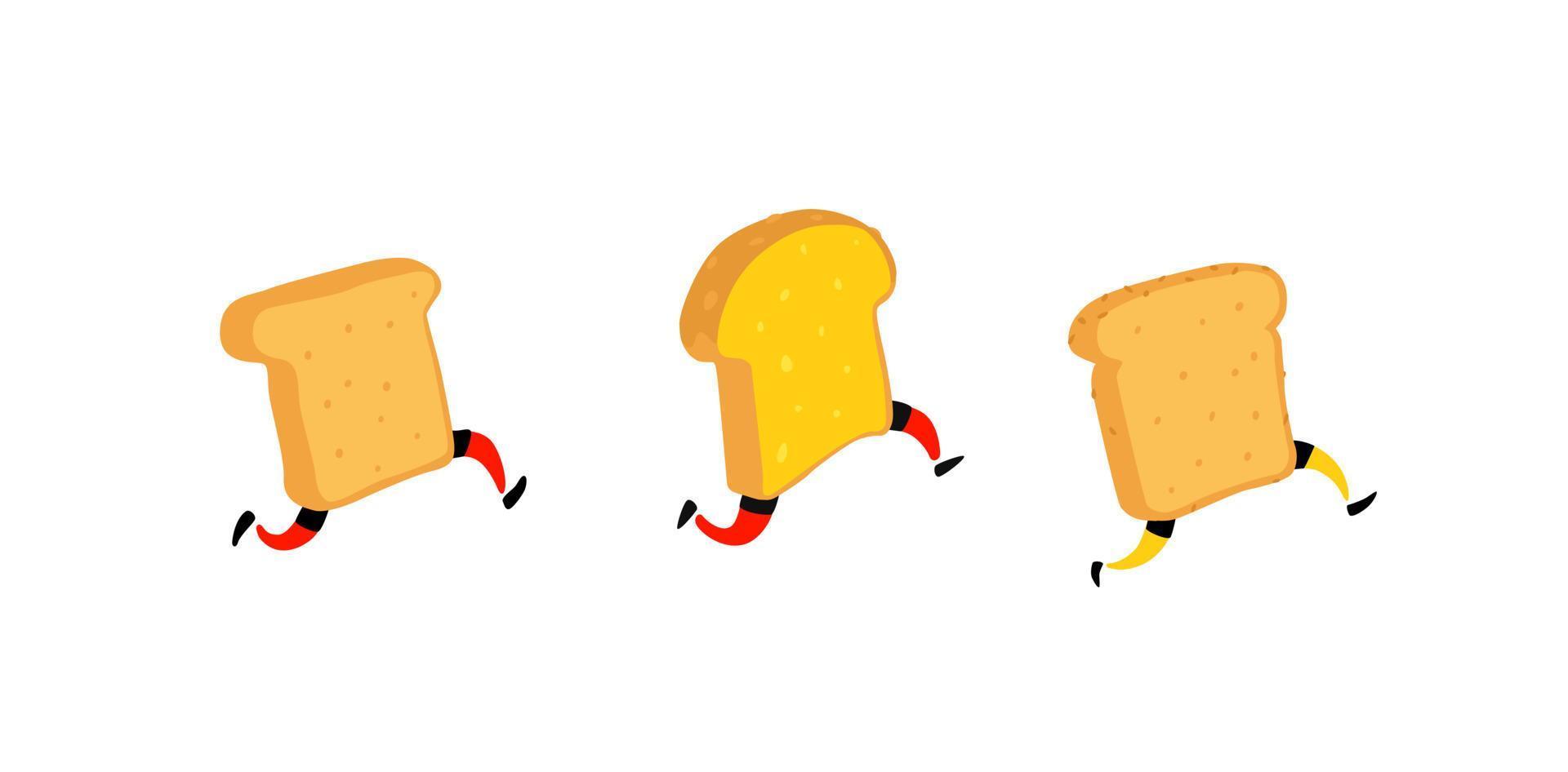 Illustration of running toasters. Running pieces of bread without butter and jam. Vector. Fry characters with legs. Icons for the site. Signs, logo for the store. Delivery of fresh bakery products. vector