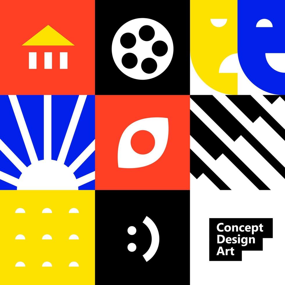 Illustration of a pattern of icons. Vector. Concept types of art cinema, music, theater, architecture, etc. Layout for design solutions. Abstract minimalism. vector