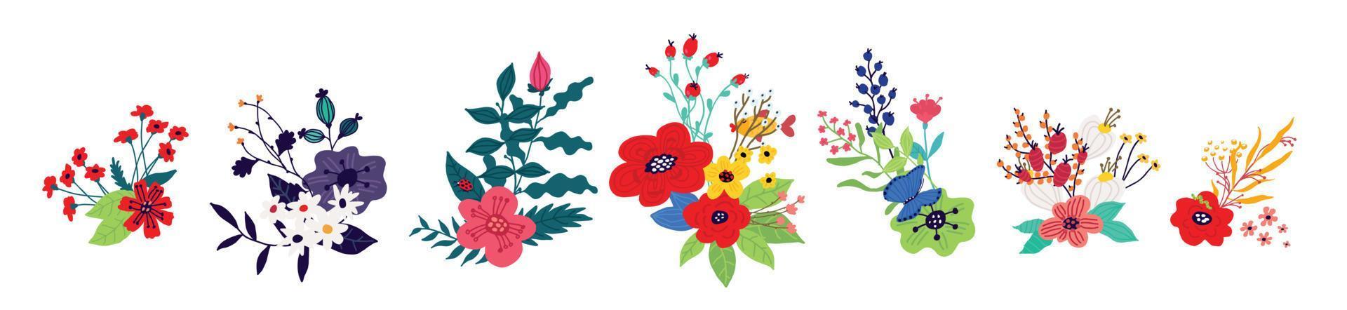 Illustrations of bouquets of flowers. Vector. Buds and stems, floristics. Composition of plants and herbarium. Cartoon style. The image of summer and spring. Pattern for clothes. vector