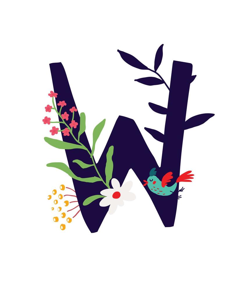 Illustration of the letter in plants and flowers. Vector. Monogram for banner, greeting card. Composition of bouquets and plants, herbarium. Cartoon style. The image of summer and spring. vector