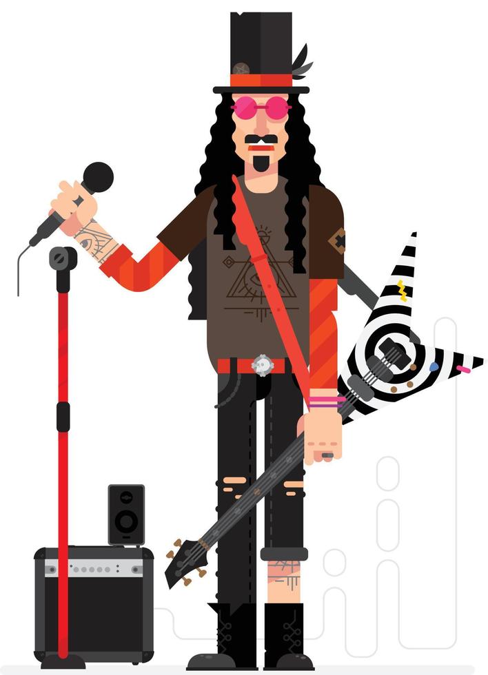 Rock star in flat technique isolated on white background. Musician with a guitar and a microphone sings. Illustration of a musician with a hat and tattoos. Character rock singer for layout design. vector