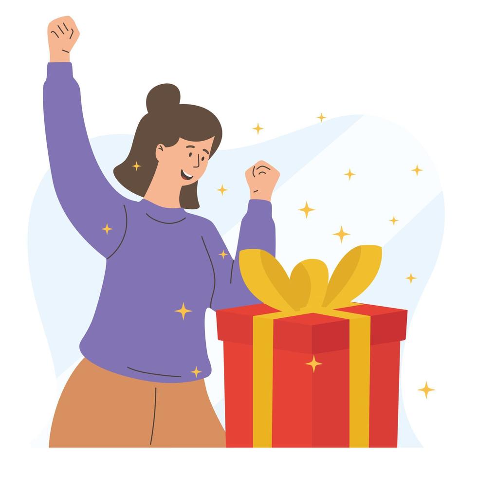 ilustración de mujer feliz ha recibido una caja de regalo vector