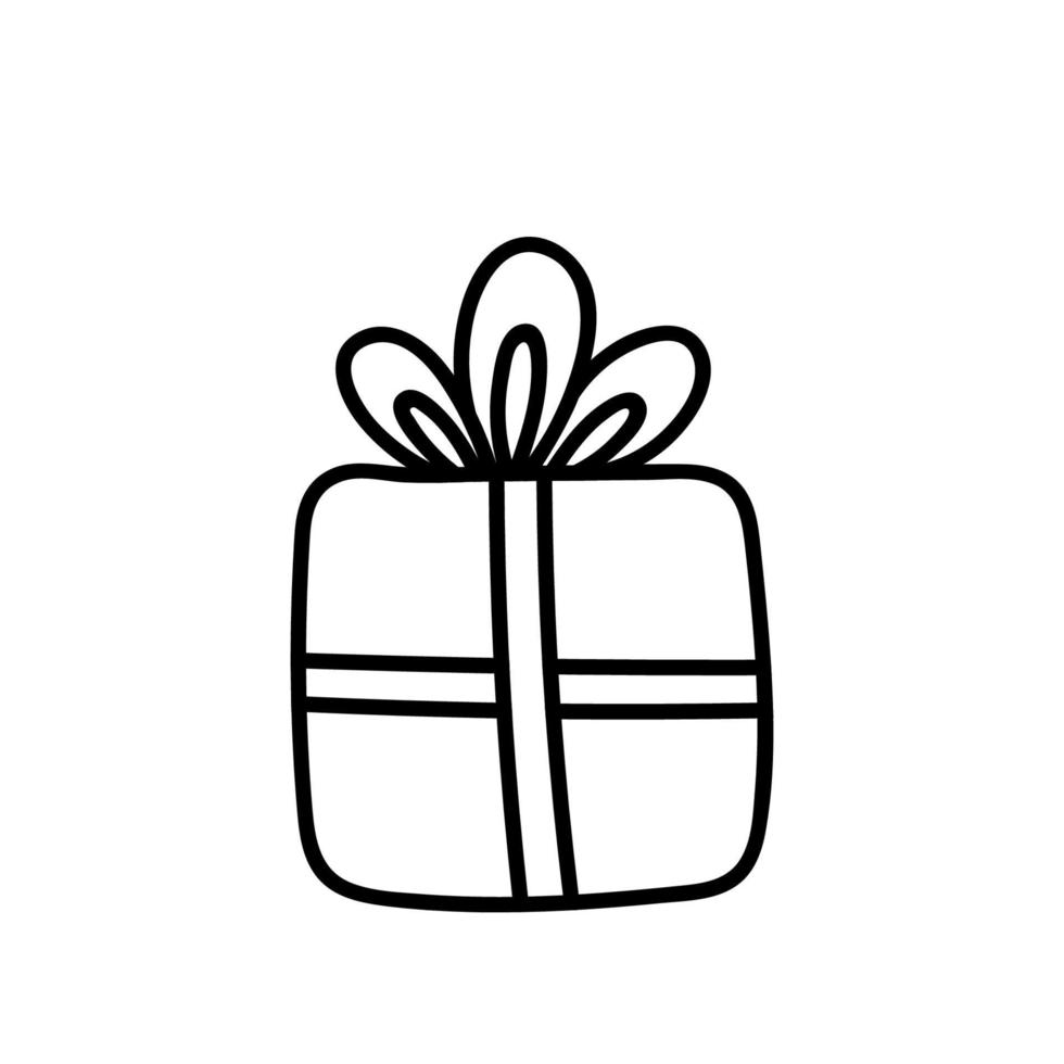 Gift box with festive ribbon and a bow isolated on white background. Vector hand-drawn illustration in doodle style. Perfect for holiday and Christmas designs, cards, decorations, logo.