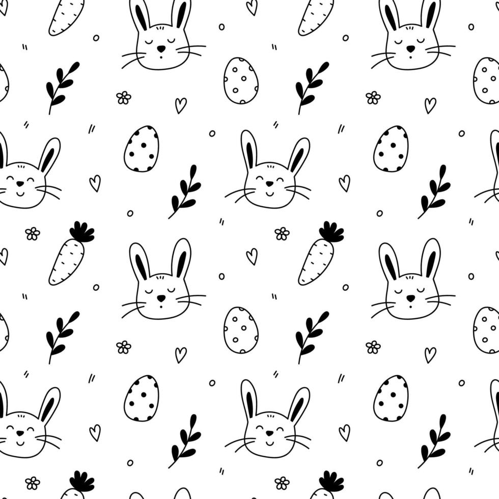 Easter seamless pattern. Cute doodle bunnies, festive Easter eggs, carrots, spring twigs and flowers vector
