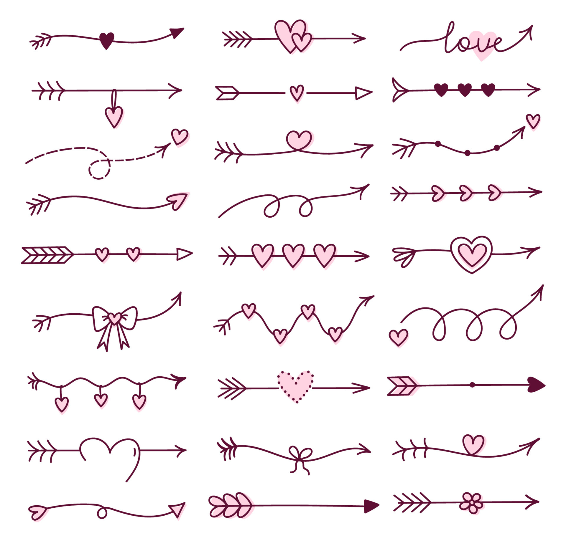 Set of cute doodle arrows for Valentine's Day isolated on white