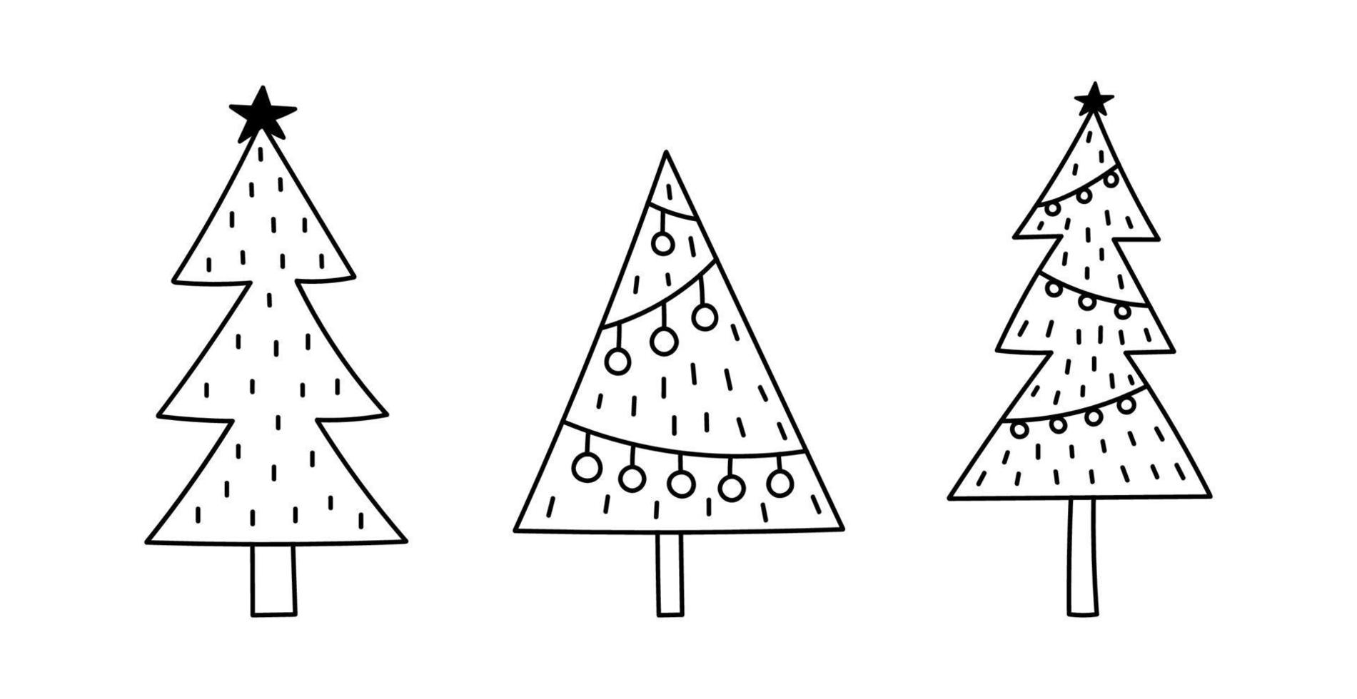 Set of cute decorated Christmas trees isolated on white background. Vector hand-drawn illustration in doodle style. Perfect for holiday designs, cards, decorations, logo, invitations.