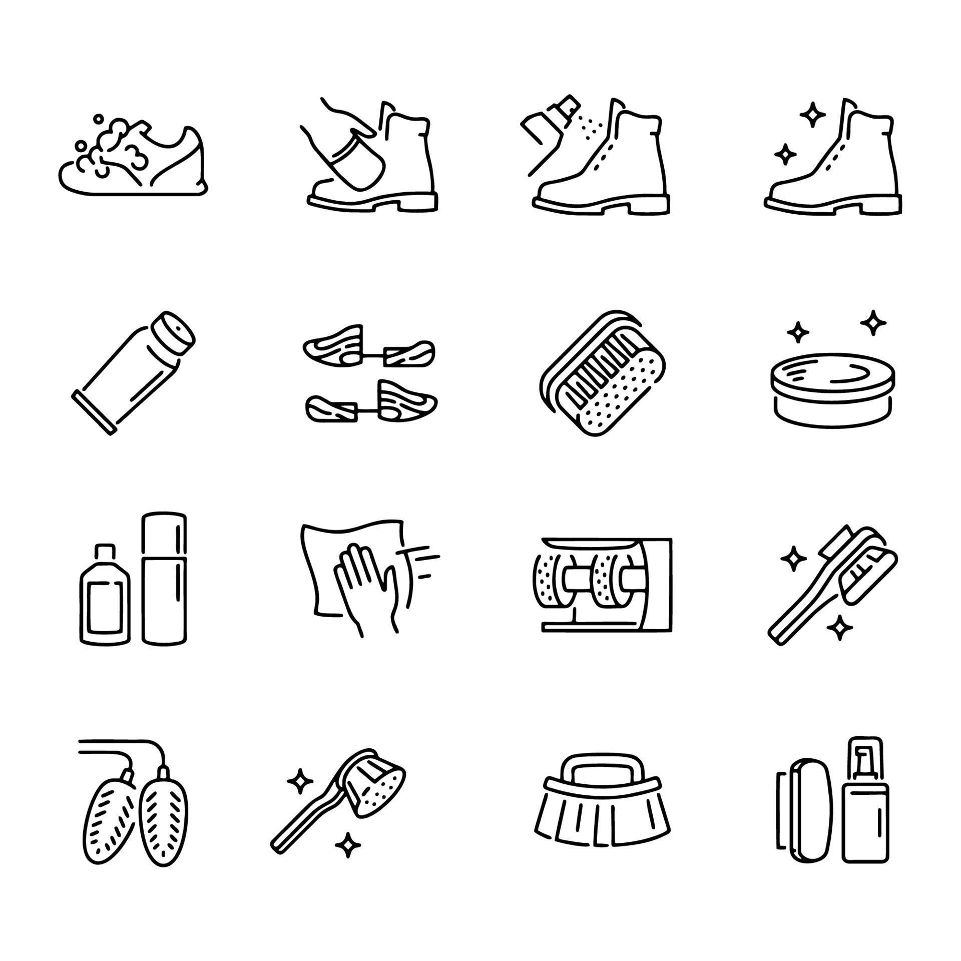 Shoe cleaning and care products thin line icons set, polish, footwear laundry 4844074 Vector Art