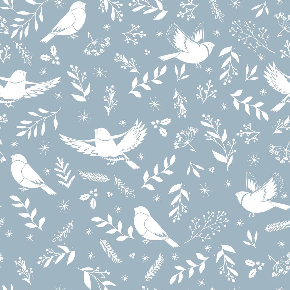 Winter seamless vector pattern with holly berries, bird and christmas branch. Part of Christmas backgrounds collection. Can be used for wallpaper, pattern fills, surface textures, fabric prints.