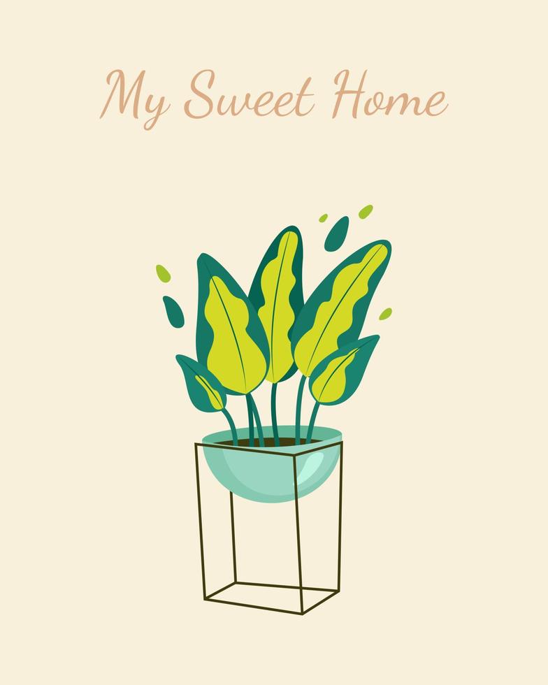 Home sweet home text Postcard, Lush tropical leaves and green foliage. Vector print design.