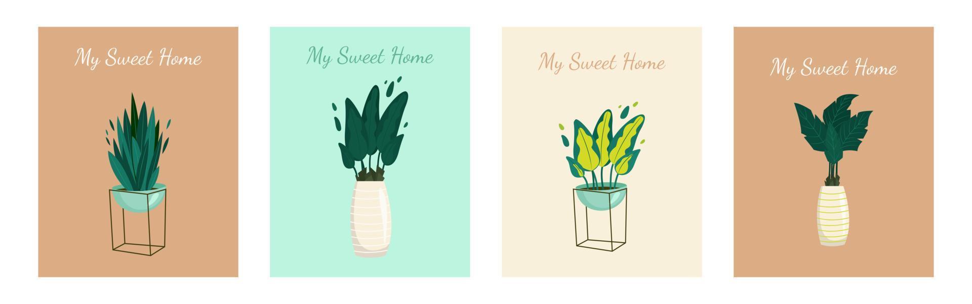 Home sweet home text Postcard Set , Lush tropical leaves and green foliage. Vector print design