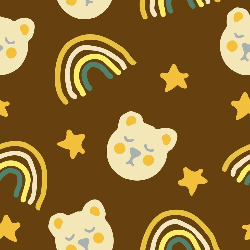 cute bears, stars and rainbow seamless pattern in trending color 2021. hand drawn. childrens wallpaper, textiles, decor. gray, gold, yellow, brown vector