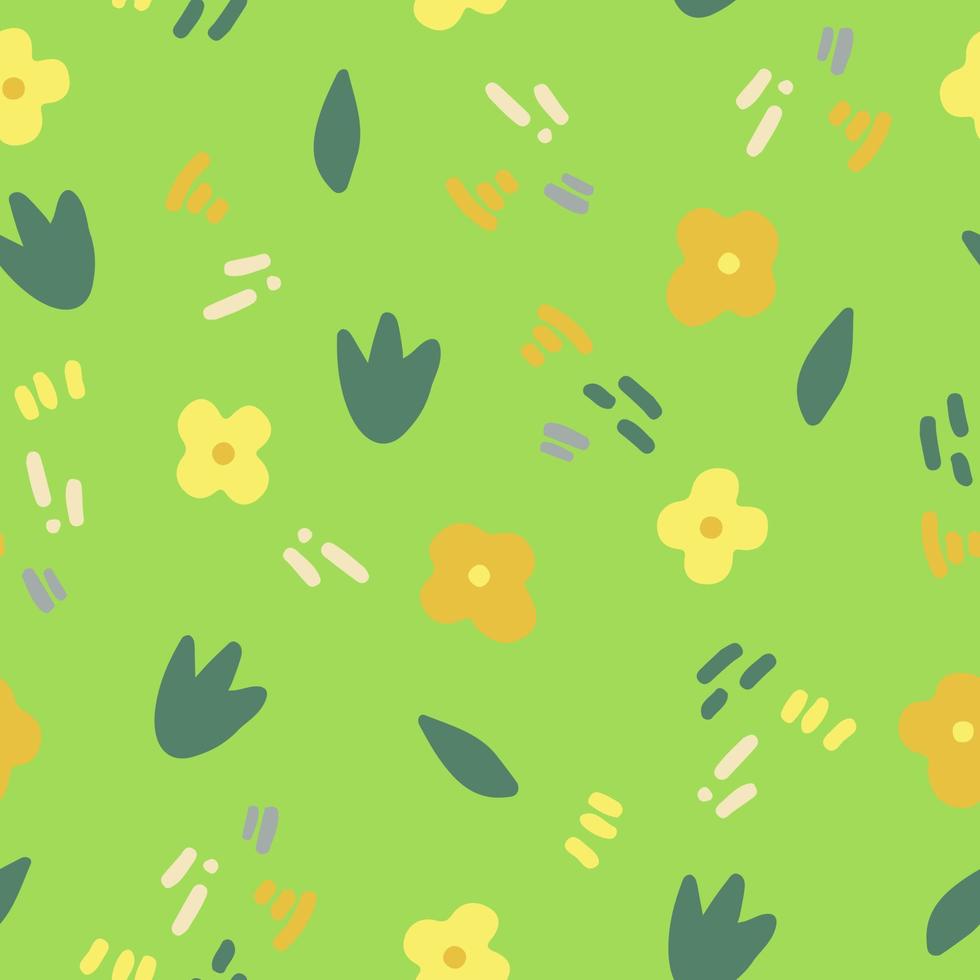 flowers, leaves and doodle dashes seamless pattern in trending color 2021. hand drawn minimalism simple. wallpaper, textiles, wrapping paper. gold, yellow, green. child vector