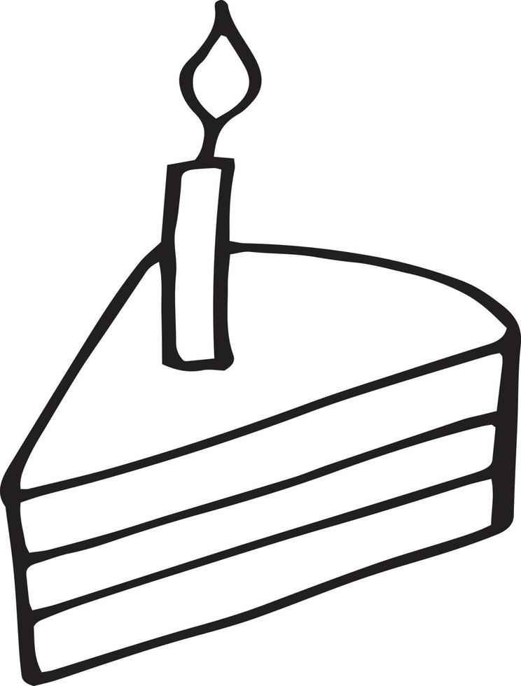 piece of cake with candle icon. hand drawn doodle style.  minimalism, monochrome, sketch. food, sweets, dessert birthday holiday vector