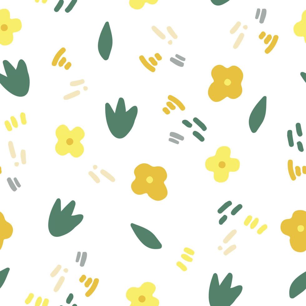 flores, hojas y garabatos de patrones sin fisuras en colores de tendencia 2021. minimalismo dibujado a mano simple. papel pintado, textiles, papel de regalo. dorado, amarillo, verde. niño vector