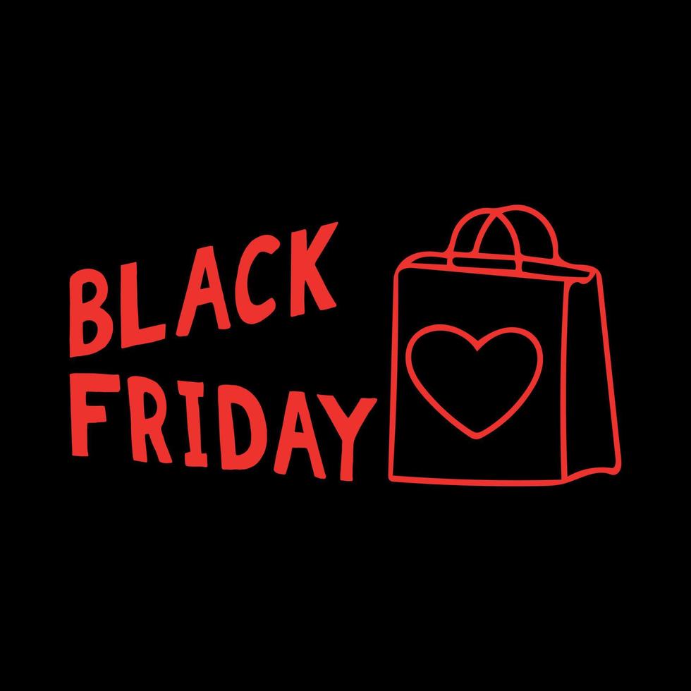 bag with heart and lettering black friday banner, poster hand drawn doodle. red. shopping, discounts vector